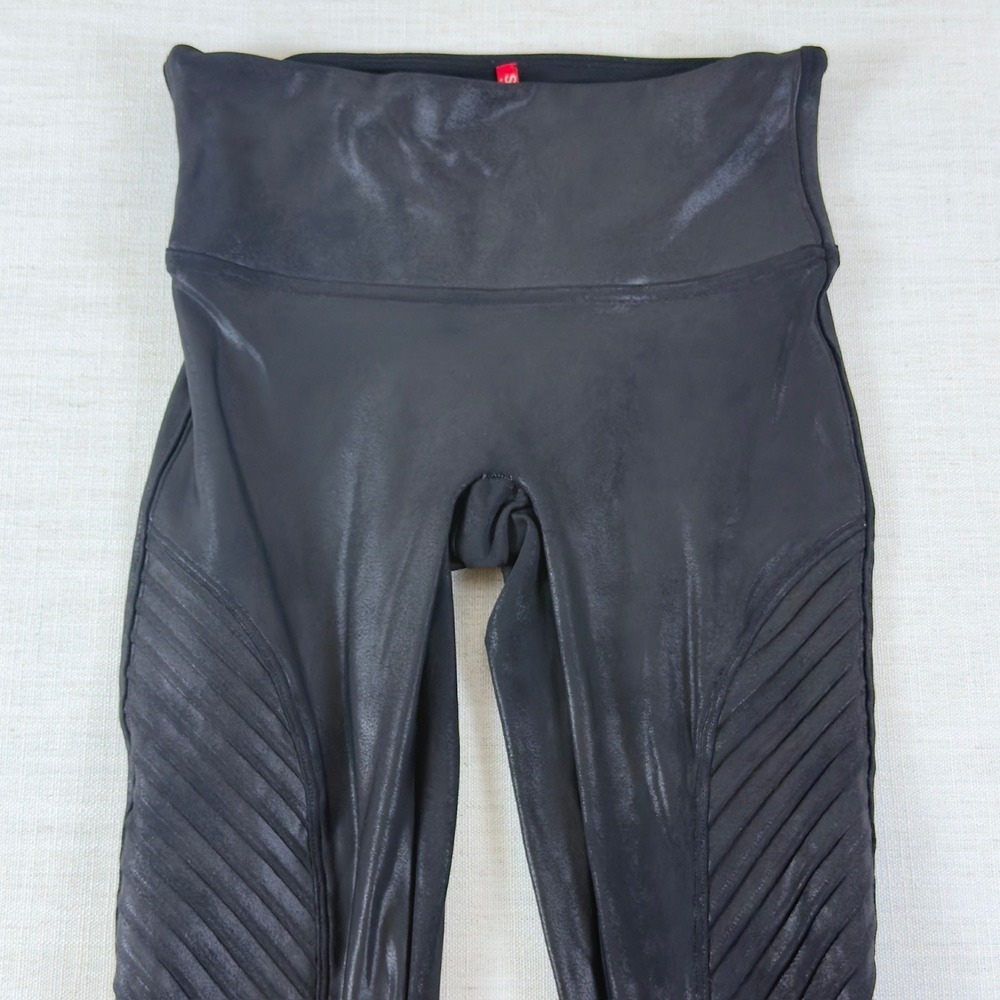 SPANX Womens S Black Faux Leather Moto Leggings High Waist Ribbed Shaping